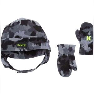 Hurley Polar Fleece Winter Trapper Hat & Mittens Size 2T-3T Camo Black Gray NEW
